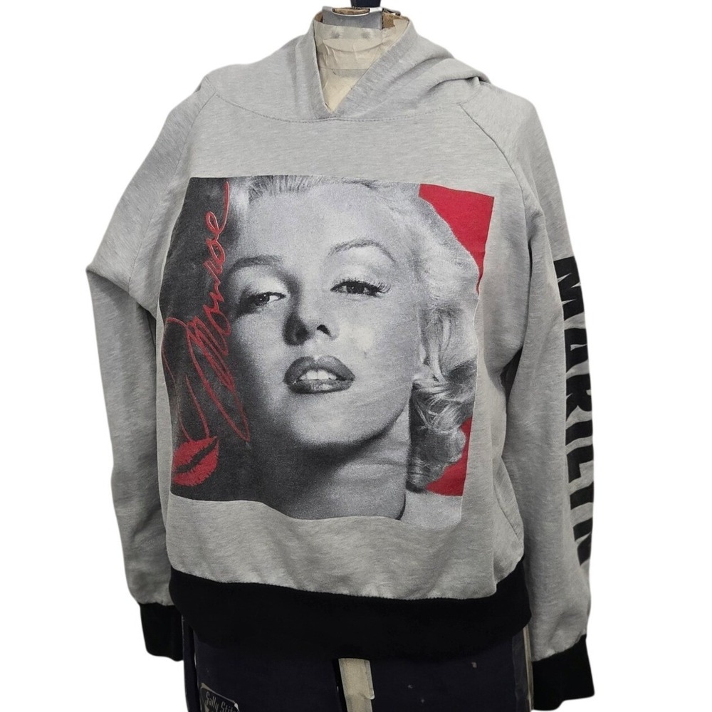 Vintage Marilyn Monroe Hoodie M Spellout Sleeve Gray Black Trim Made in USA 90s